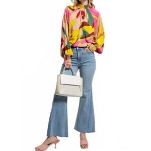 NEW PRETTY BASH floral smocked stand neck blouse in multi